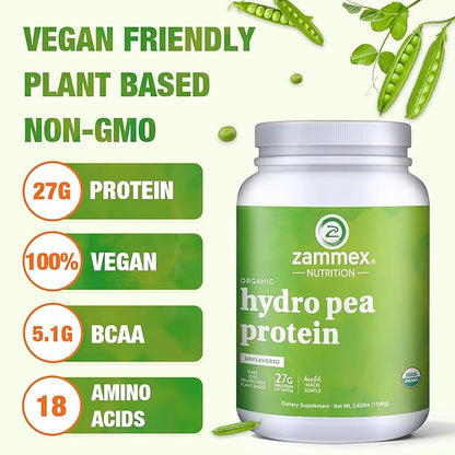 Zammex Organic Pea Protein Powder, 27g 100% Vegan 2.62lbs, Natural