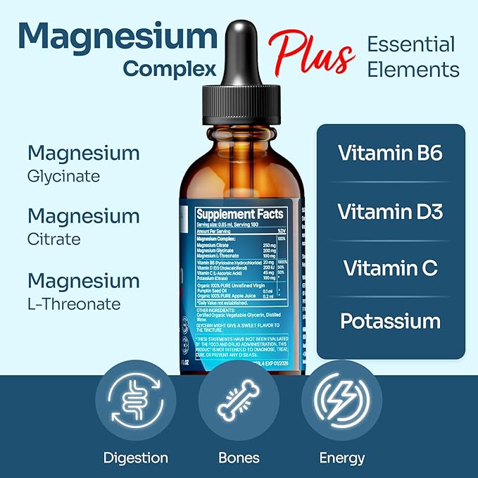 Triple Complex Magnesium 4 oz Liquid Drops B6, D, 100% Absorption 90-Day Supply