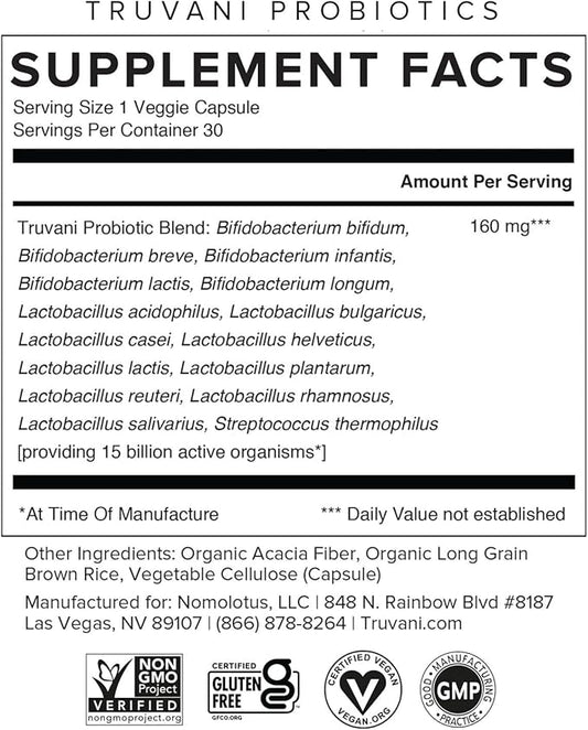 Truvani Probiotic Supplement | 30 Servings | 15 Billion CFU | 15 Diverse Strains for Digestive, Immune & Brain Health Support | Shelf-Stable Vegan Capsules | Non-GMO, No Fillers