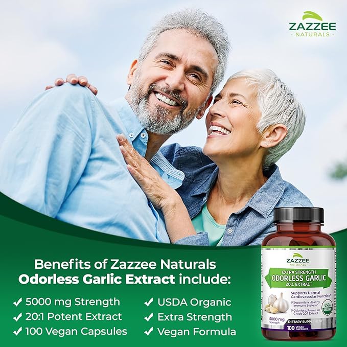 Zazzee USDA Organic Odorless Garlic 20:1 5000 mg 100 Vegan 3+ Month 20X Extract, 100% Vegetarian,