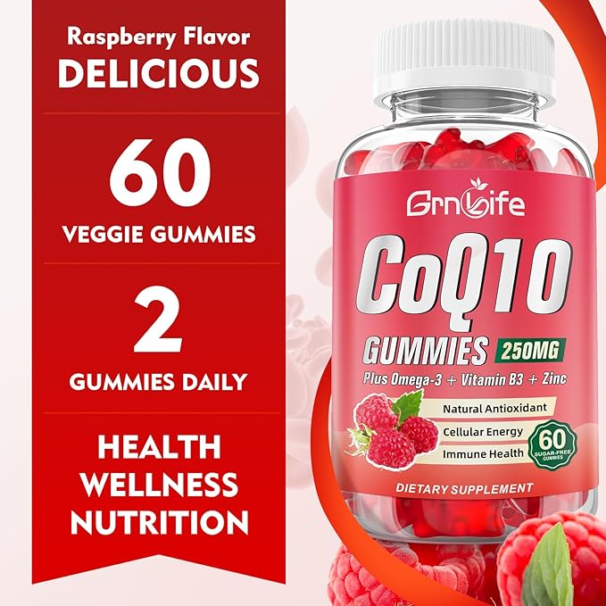 Sugar Free CoQ10 Gummies, CoQ10 250mg, Plus Omega-3, Vitamin B3 & Zinc, High Absorption Coenzyme Q10 Supplements for Cellular Energy, Antioxidant, Raspberry Flavor, 120 Count