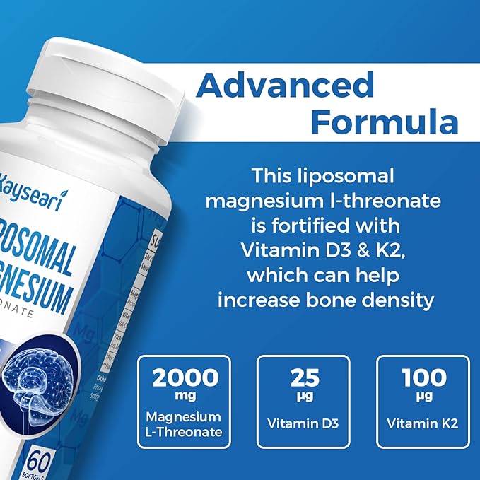 Liposomal Magnesium L-Threonate 2000mg-High Absorption-Magnesium Threonate D3 & K2 for 60 Count 4)