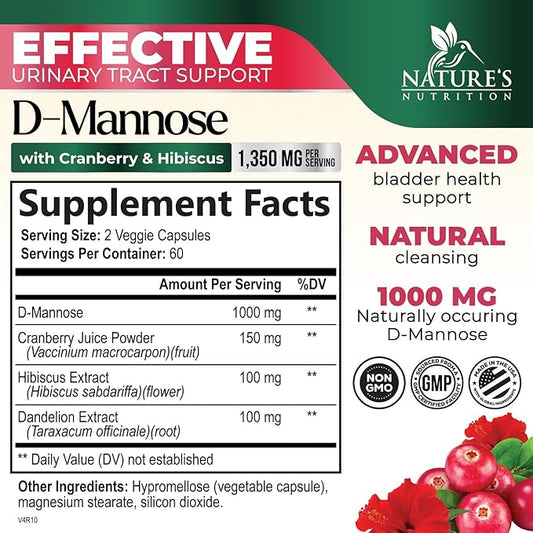 DMannose Pills with Cranberry 1350mg Advanced Formula - Effective Natural Bladder, Urinary Tract Health Support, Flush Impurities - D Mannose Supplements for Women & Men, Non-GMO, Vegan - 120 Capsules