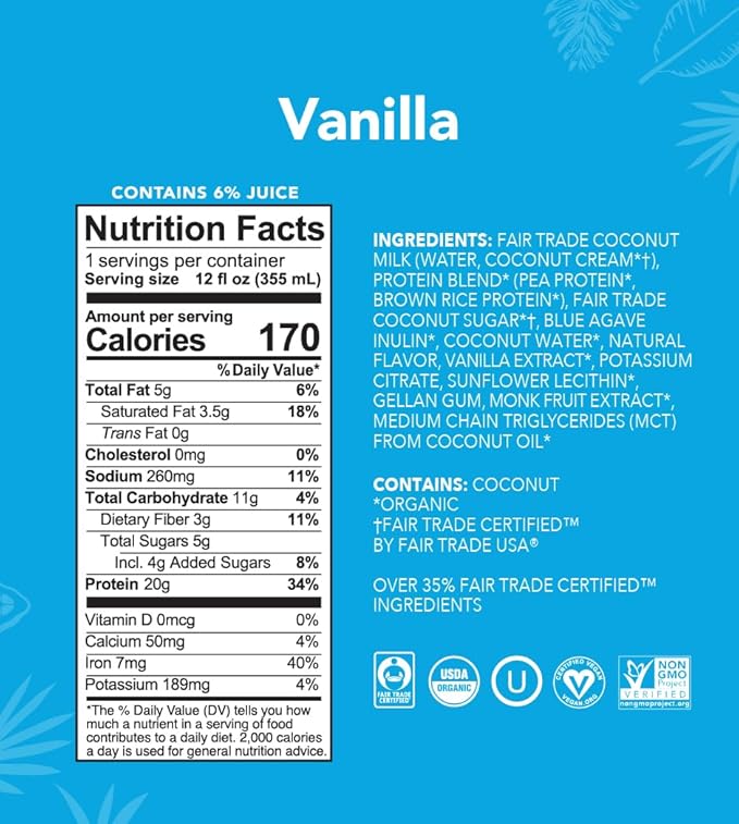 ALOHA Organic Plant Based Vanilla Ready to Drink Protein Shake w/MCT Oil (12 ct, 12oz Bottle) 20g Protein, Meal Replacement, Low Sugar & Carb, Gluten-Free, Paleo, Non-GMO, No Soy, Stevia or Sugar Alcohol…