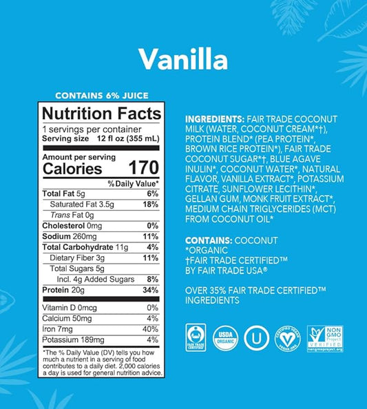 ALOHA Organic Plant Based Vanilla Ready to Drink Protein Shake w/MCT Oil (12 ct, 12oz Bottle) 20g Protein, Meal Replacement, Low Sugar & Carb, Gluten-Free, Paleo, Non-GMO, No Soy, Stevia or Sugar Alcohol…