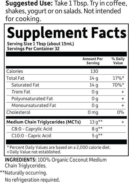 Garden of Life Dr. Formulated Brain Health 100% Organic Coconut MCT Oil 16 fl oz Unflavored, 13g MCTs, Keto & Paleo Diet Friendly Body & Brain Fuel, Certified Non-GMO Vegan & Gluten Free, Hexane-Free