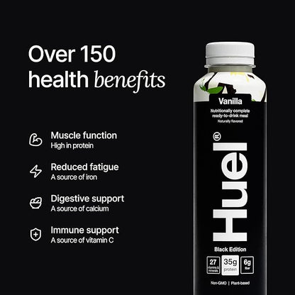 Huel Black Edition Ready-to-Drink, Vanilla Meal Replacement Drink, 35g High Protein, 27 Vitamins and Minerals, Vegan, Gluten Free, Plant Based, High Fiber, Low Sugar, 16.9 Fl Oz (12 Pack)