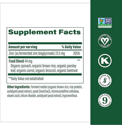 MegaFood Zinc Supplements - Vegan Immune Support Supplement With 22.5 mg High Potency Fermented Zinc - Made With Real Food - Gluten-Free, Kosher - 60 Tablets, 60 Servings