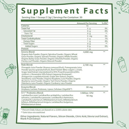GOBIOTIX Super Greens and Reds Powder - Red and Green Superfood - Probiotic Supplement - Digestive Enzymes and Beet Root Powder - Organic Whole Foods Dietary Supplement (Pom Raspberry, 2 Pack)