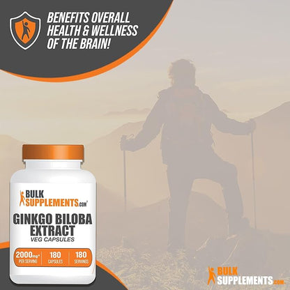 BulkSupplements.com Ginkgo Biloba Extract Capsules 2000mg, Ginkgo 1 Capsule 180 Veg