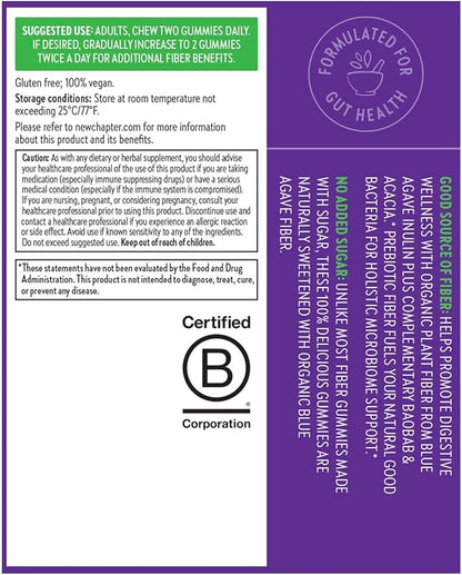 New Chapter Organic Fiber Gummies for Adults, up to 8g Plant-Based Prebiotic Fiber for Digestive Health, Vegan, Non-GMO, USDA Organic, Gluten Free, Citrus-Berry Flavored, 60 ct