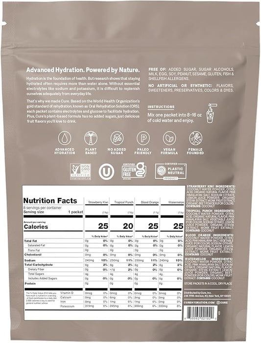 Cure Hydration | Plant-Based Electrolyte Drink Mix | No Added Sugar | Non-GMO | Vegan | 8 Servings - Tropical Variety Pack