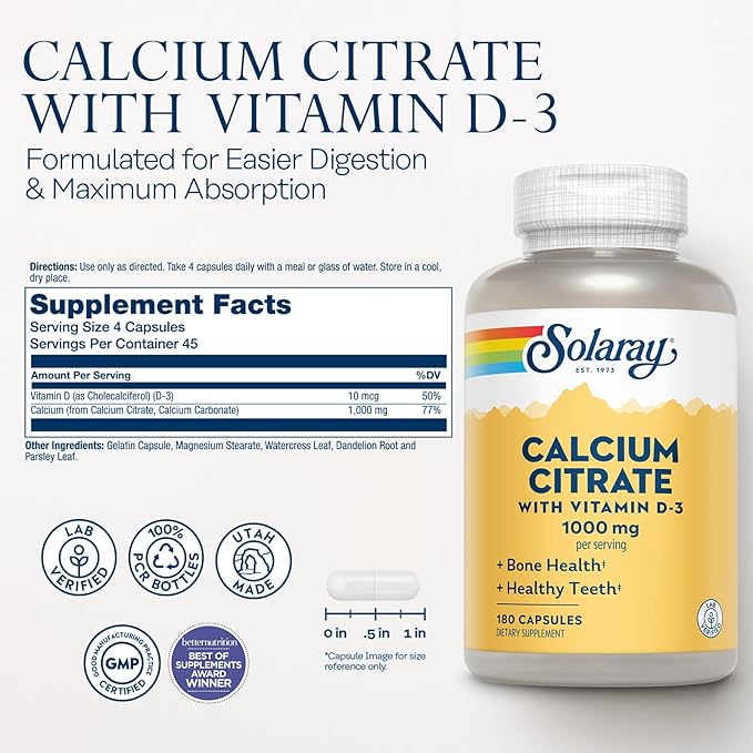 Solaray Calcium Citrate with Vitamin D3 1000mg 60-Day Guarantee 30 Servings, 180 Capsules