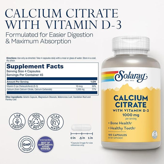 Solaray Calcium Citrate with Vitamin D3 1000mg 60-Day Guarantee 30 Servings, 180 Capsules