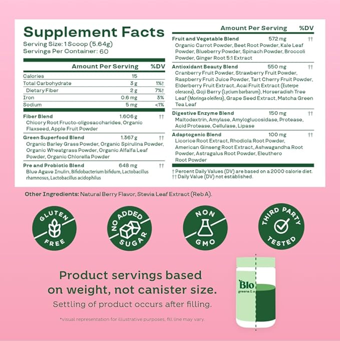 Bloom Nutrition Superfood Greens Powder, Digestive Enzymes with Probiotics and Prebiotics, Gut Health, Bloating Relief for Women, Chlorella, Green Juice Mix with Beet Root Powder, 60 SVG, Berry