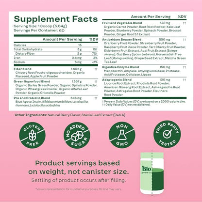 Bloom Nutrition Superfood Greens Powder, Digestive Enzymes with Probiotics and Prebiotics, Gut Health, Bloating Relief for Women, Chlorella, Green Juice Mix with Beet Root Powder, 60 SVG, Berry