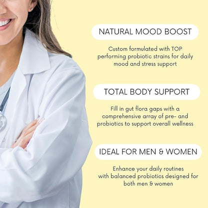 Probiotics 30 Billion CFU - Bifidus Mood Support Supplement w/prebiotics & probiotics for Women and Men - Mood & Digestion Support- Histamine Free - Natural Mood Boost - 60 Days Supply, Non-GMO