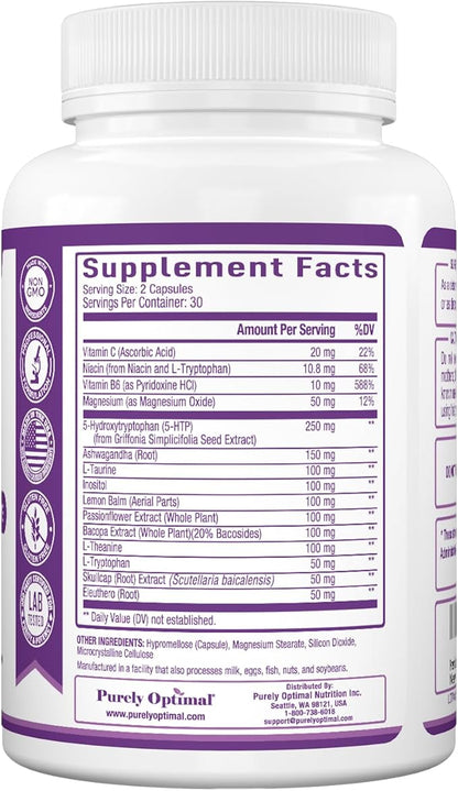 Purely Optimal Premium 5-HTP Plus Supplement 250mg Maximum B6, Gluten 60 Veggie