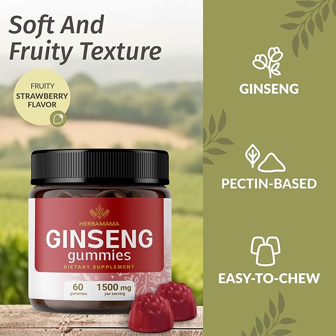 HERBAMAMA Korean Red Ginseng Gummies 1500 mg 60 Strawberry-Flavored
