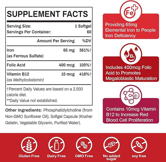 Liposomal Fe Iron Supplement for Women,65 mg Iron Supplement with Folic Acid & Vitamin B12 for Men,Red Blood Cell Production & Energy Support for Adults Iron Deficiency 60 Softgels(6 Bottle)