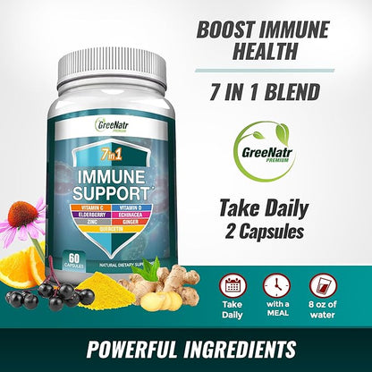 7 in 1 Immune Support Supplement with Vitamin C, D3, Zinc 50mg, Quercetin, Echinacea Purpurea, Sambucus Elderberry and Ginger for Complete Immune Defense - 60 Capsules (3 Bottles)