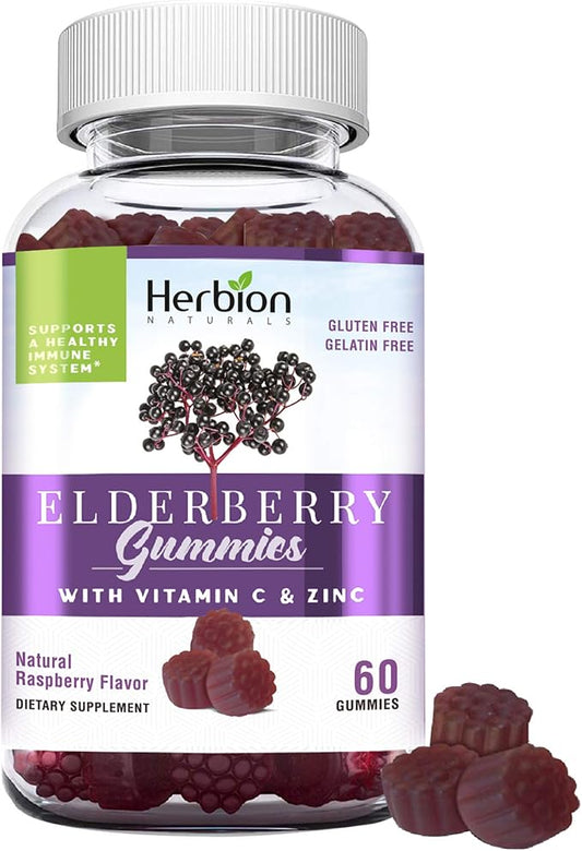 Herbion Elderberry Gummies with Vitamin C & Zinc - Healthy Immune System Support - Gluten-Free & Gelatin-Free - 60 Gummies for Adults & Children 4 Years & Above - Made in USA.