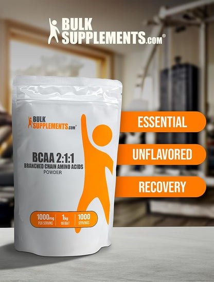 BulkSupplements.com BCAA 2:1:1 Powder - Branched Chain Amino Acids, BCAA Supplement, BCAAs Amino Acids Powder - Unflavored & Gluten Free, 1000mg per Serving, 1kg (2.2 lbs) (Pack of 1)