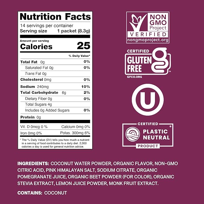Cure Hydrating Plant Based Electrolyte Mix | Powder for Dehydration Relief | Made with Coconut Water | Non-GMO | No Added Sugar | FSA & HSA | Vegan | Pouch of 14 Packets - Berry Pomegranate