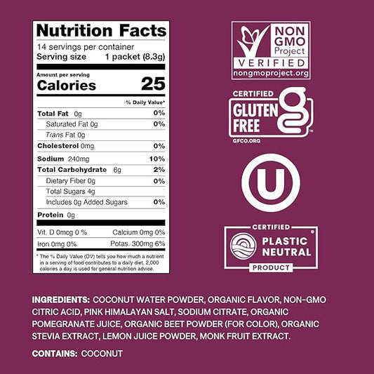 Cure Hydrating Plant Based Electrolyte Mix | Powder for Dehydration Relief | Made with Coconut Water | Non-GMO | No Added Sugar | FSA & HSA | Vegan | Pouch of 14 Packets - Berry Pomegranate