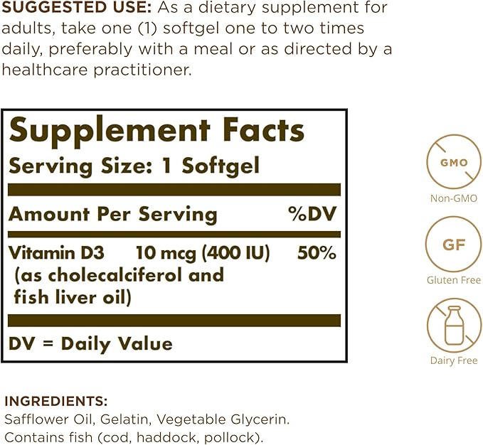 SOLGAR Vitamin D3 (Cholecalciferol) 250 mcg (10,000 IU) 100 Softgels 100 Servings