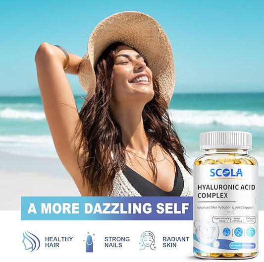 Hyaluronic Acid Supplements - Advanced Skin Hydration & Joint Support with 250 mg Hyaluronic Acid, Vitamin C, Collagen, and 10000 mcg Biotin - Anti-Aging, Skin, Supplement - 60 Vegan Capsules