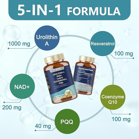 Urolithin A Supplement 1000mg with NAD+,CoQ10,Resveratrol,PQQ Supplement for Men Women 120 Softgels for Muscle Energy Antioxidants Vegan High Bioavailability