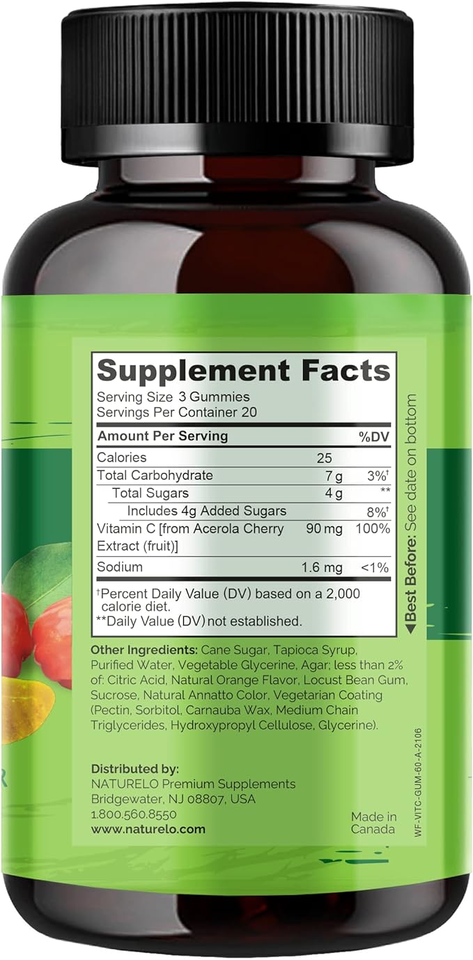NATURELO Whole Food Vitamin C Gummies, 60 Vegan-Friendly