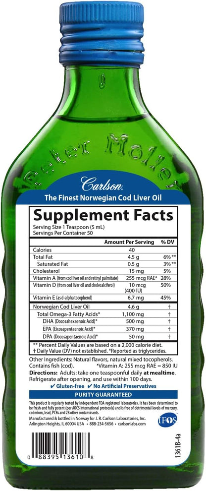 Carlson - Cod Liver Oil, Omega-3s 250 ml