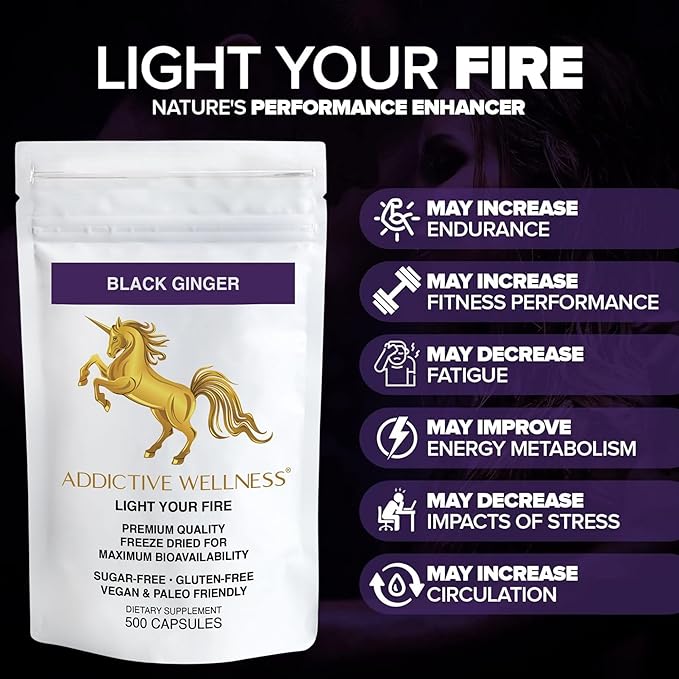 Addictive Wellness Thai Black Ginger for Men, Thai Black Ginger Supplement to Support Energy Metabolism, Endurance & Performance, Freeze Dried Black Ginger Capsules 450mg, Vegan & Paleo, 500 Count