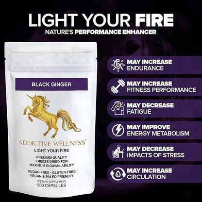 Addictive Wellness Thai Black Ginger for Men, Thai Black Ginger Supplement to Support Energy Metabolism, Endurance & Performance, Freeze Dried Black Ginger Capsules 450mg, Vegan & Paleo, 500 Count