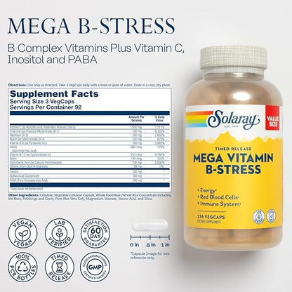 SOLARAY Mega Vitamin B-Stress B12, B6, B6, Folic 60-Day Guarantee (276 CT)