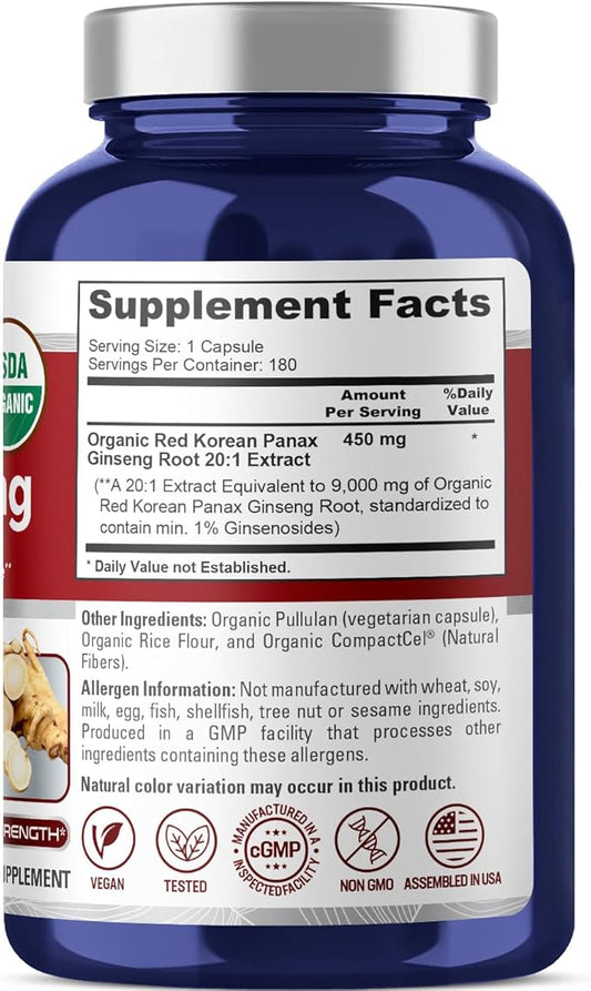 NusaPure Red Korean Panax Ginseng 9,000mg 180 Veggie 20:1)