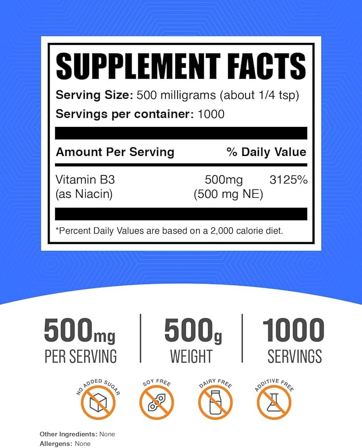 BulkSupplements.com Niacin Powder - Vitamin B3 Supplement, Niacin 500mg - Niacin Flush, Niacin with Flushing - Gluten Free, 500mg of Niacin per Serving, 500g (1.1 lbs) (Pack of 1)