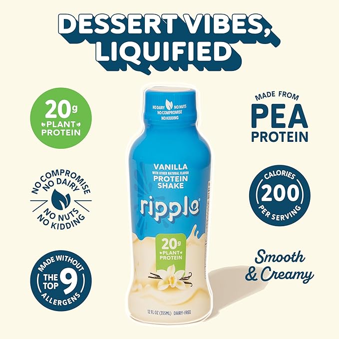 Ripple Vegan Protein Shake 20g Nutritious 12 Oz, 12 Pack