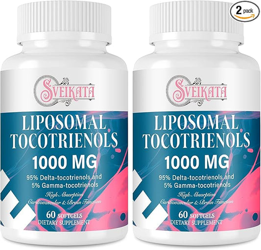 Liposomal Tocotrienols Supplement 1000mg, Vitamin E, 95% Delta-tocotrienols, 5% Gamma-tocotrienols 60 Softgels （2 Bottle）