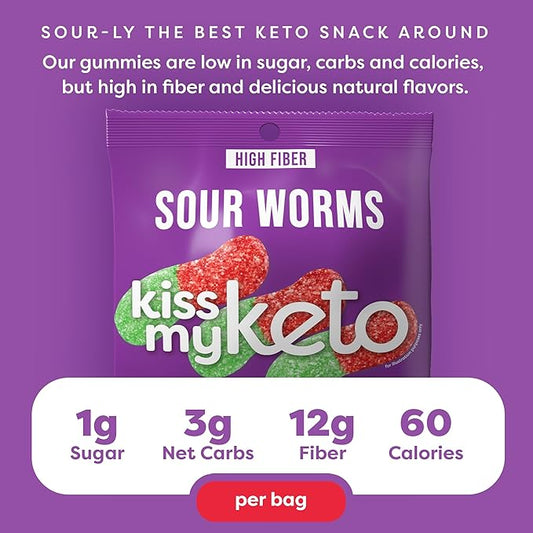 Kiss My Keto Sour Gummy Worms – 1g Sugar, Low Carb, High Fiber, non-GMO Sour Gummies Candy – Healthy Sour Worms Candy, Delicious Sour Gummy Candy Gummy Worm – Gummy Worms Individual Packets (16-pack)