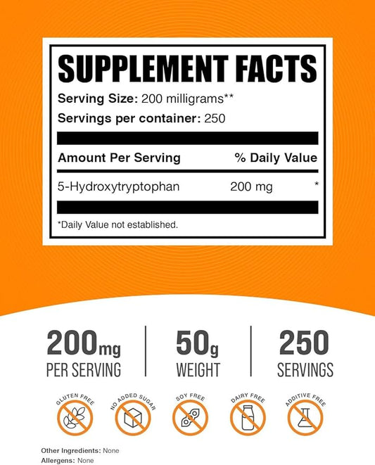 BulkSupplements.com 5-HTP Powder - 5-Hydroxytryptophan, 5 HTP Supplement - 5-HTP 200mg, Mood Support Supplement - Gluten Free, 200mg per Serving, 50g (1.8 oz) (Pack of 1)