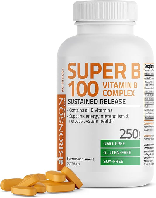 Bronson Super B 100 Vitamin B B1, B2, B2, B3, B3, B6, B6, B9 B9 - B12) Supports 250 Tablets
