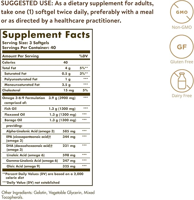 Solgar 1300 mg Omega 3-6-9, 120 Softgels 3 Fatty 40 Servings