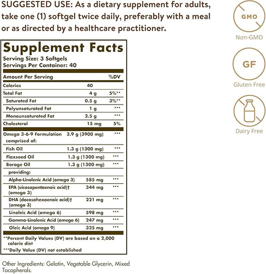 Solgar 1300 mg Omega 3-6-9, 120 Softgels 3 Fatty 40 Servings
