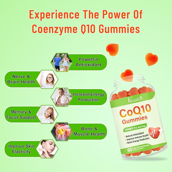 High Absorption CoQ10 Gummies 250mg, Plus Omega-3, Magnesium, B12 for 5X Better Q10 Supplement- 60Cts