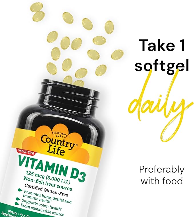Country Life Vitamin D3, Non-Fish 5000 365 Softgels,