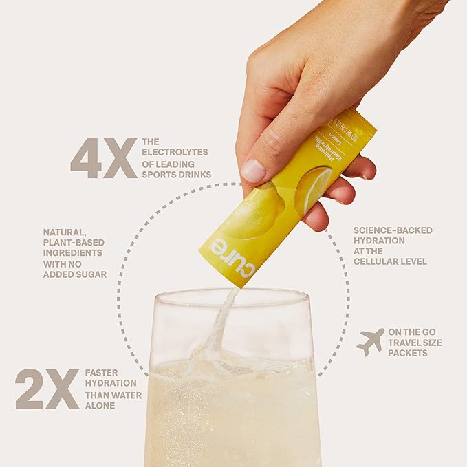 Cure Hydration | Plant-Based Electrolyte Drink Mix | No Added Sugar | FSA & HSA | Dehydration Relief Powder Made with Coconut Water | Non-GMO | Vegan | Box of 8 Packets - Lemonade