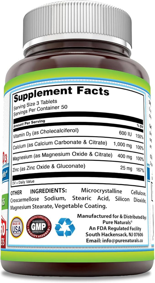 Pure Naturals Calcium Magnesium Zinc Vitamin D3 Supplement 1000mg, Magnesium 400mg, Zinc 25mg, Vitamin D3 600 600 IU (150 Tablets)